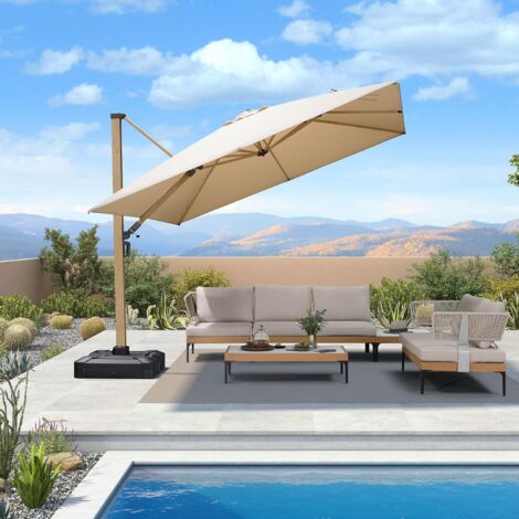 PURPLE LEAF Parasol Déporté Extérieur 3 x 3 M Carré avec Apparence Teck, Grand Parasol en Aluminium pour Terrasse, Adapté pour Jardin, Piscine, Beige