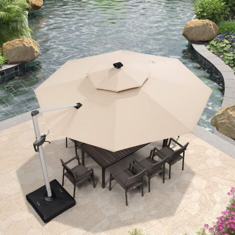 PURPLE LEAF Parasol Déporté Extérieur 3,3 m Rond avec LED, Parasol de Jardin Luxe, Adapté pour Piscine, Jardin, Balcon et Terrasse, Beige