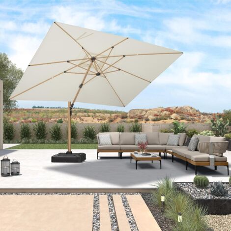 PURPLE LEAF Parasol Déporté Extérieur 4 x 3 M Rectangulaire avec Apparence Teck, Grand Parasol en Aluminium pour Terrasse, Adapté pour Jardin, Piscine, Couleur Crème