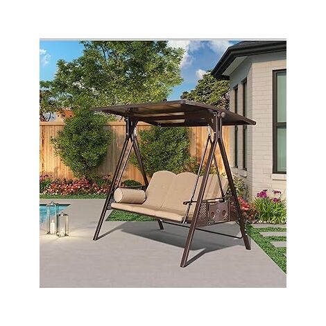 PURPLE LEAF Balancelle de Jardin 3 Places Extérieur, Balançoire de Jardin Supérieur Toit Imperméable réglable, Plateaux Rétractables, Beige