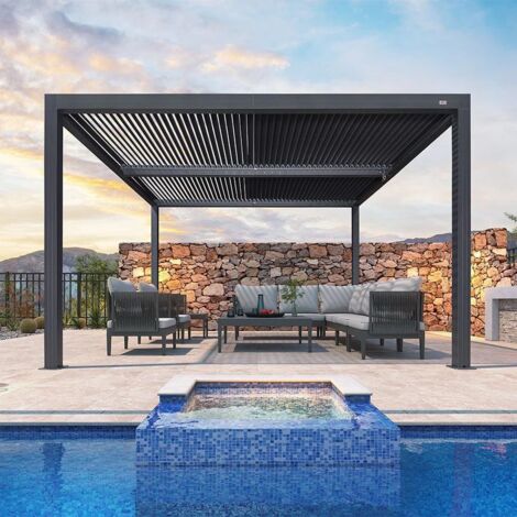 PURPLE LEAF Pergola Bioclimatique 3.68 x 3.68 m Pergola Aluminium Lames Orientables Superficie 13.54 m² Tonnelle de Jardin Exterieur Belvédères pour Patio Terrasse Exterieur, Gris