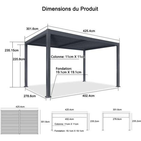 PURPLE LEAF Pergola Bioclimatique Aluminium 3 x 4,25 m, Lames Orientables, Imperméable, Gris