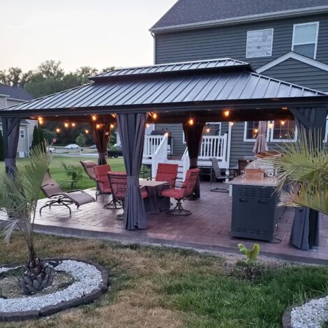 Purple Leaf Pergola Aluminium Hardtop avec LED, Rideaux et Moustiquaires – Tonnelle à Double Toit en Acier Galvanisé – Pavillon Extérieur 5,45 x 3,65 m – Gris Anthracite