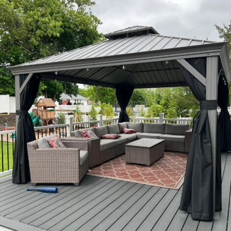 Purple Leaf Pergola de Jardin Aluminium Hardtop Gazebo avec LED – Tonnelle Extérieure avec Rideaux et Moustiquaires, Pavillon à Double Toit en Acier Galvanisé – 4,25 × 3,65 m – Gris Clair