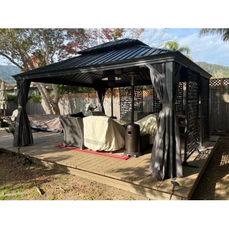 Purple Leaf Pergola Aluminium Hardtop avec LED, Rideaux et Moustiquaires – Tonnelle à Double Toit en Acier Galvanisé – Pavillon Extérieur 4,25 x 3,65 m – Gris Anthracite