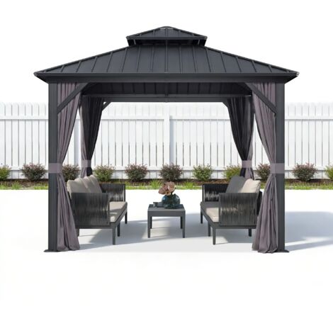 PURPLE LEAF 3 x 3 m Pergola Économique de Jardin en Aluminium à Toit Rigide, Tonnelle avec Moustiquaire et Rideaux, Pavillon Double Toit, Gris