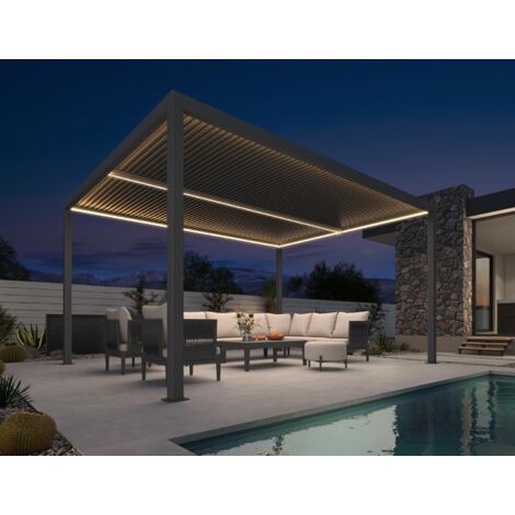 Pergola bioclimatique aluminium 4,25 x 3 m avec LED, lames orientables, gris, PURPLE LEAF