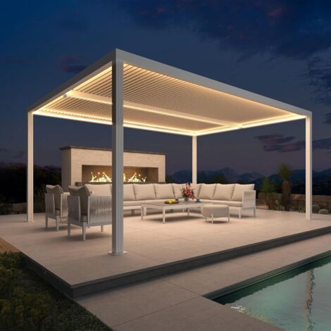Pergola bioclimatique aluminium 4,8 x 3,65 m avec LED, lames orientables, Blanc, PURPLE LEAF
