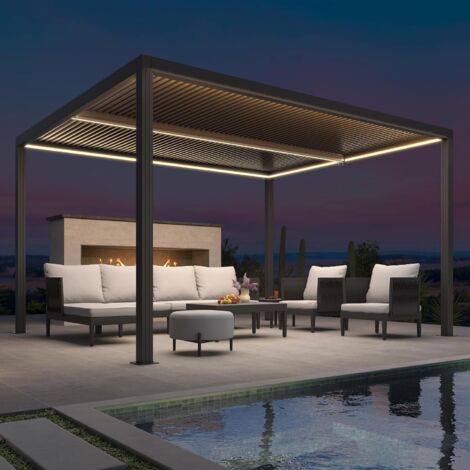 Pergola bioclimatique aluminium 4 x 3,35 m avec LED, lames orientables, gris, PURPLE LEAF