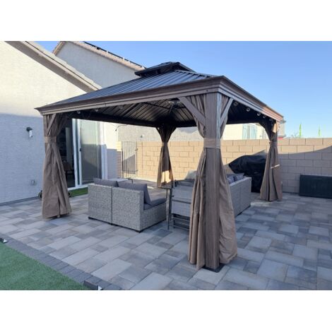 Purple Leaf Pergola Aluminium Hardtop avec LED, Rideaux et Moustiquaires – Tonnelle à Double Toit en Acier Galvanisé – Pavillon Extérieur 3,65 x 3,65 m – Gris Anthracite