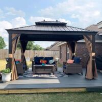 PURPLE LEAF Pergola de Jardin Extérieur, Hardtop Tonnelle, Gazebo Aluminium avec Moustiquaire et Rideaux, Pavillon de Jardin à Double Toit en Acier Galvanisé, 4.25 x 3 m, Bronze