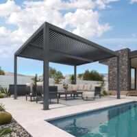 Purple Leaf – Pergola bioclimatique aluminium 4,6 x 3,3 m – Lames orientables – Superficie 15,18 m² – Système de drainage intégré – Structure renforcée