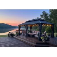 PURPLE LEAF Pergola de Jardin Extérieur Économique, Tonnelle Hardtop avec guirlande LED, Pavillon en Aluminium, Gazebo à Toit Double en Acier Galvanisé, Moustiquaire et Rideaux, 6 x 3.65 m, Gris