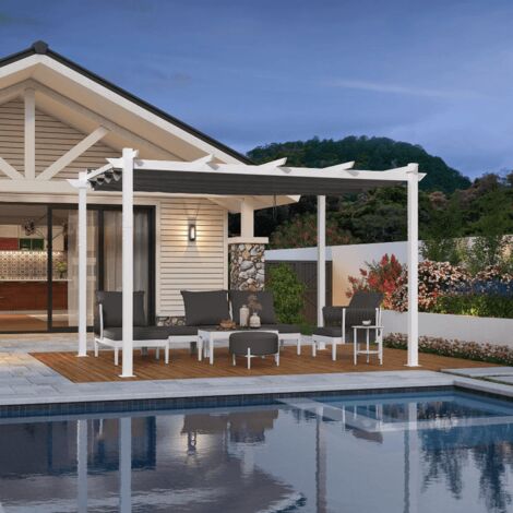 PURPLE LEAF Einziehbare Pergola für den Außenbereich mit doppeltem Sonnendach in Weiß Sehr widerstandsfähige Aluminiumpergola Moderne Pergola für Garten, Terrasse und Hinterhof, 3 x 4m, Grau