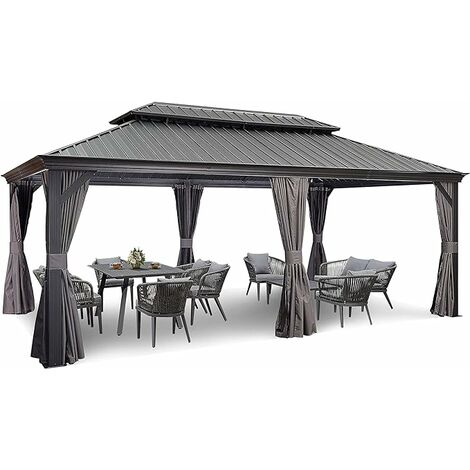 PURPLE LEAF Alu Pavillon Wasserdicht Stabil Winterfest Wetterfest Garten pavillon 3.65 m x 6 m Großer Rechteckig mit 4 Doppel Seitenteile Hardtop Pavillon mit Stahldach, Grau