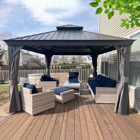 PURPLE LEAF Alu Pavillon Wasserdicht Stabil Winterfest Wetterfest Garten pavillon 3.65 m x 4.85 m Großer Rechteckig mit 4 Doppel Seitenteile Hardtop Pavillon mit Stahldach, Grau