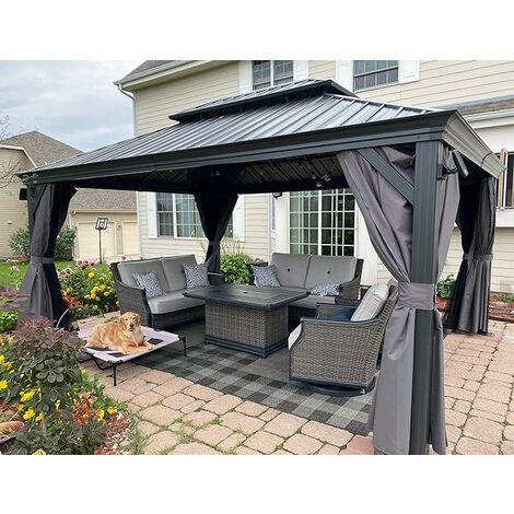 PURPLE LEAF Alu Pavillon Wasserdicht Stabil Winterfest Wetterfest Garten pavillon 3.65 m x 4.25 m Großer Rechteckig mit 4 Doppel Seitenteile Hardtop Pavillon mit Stahldach, Grau
