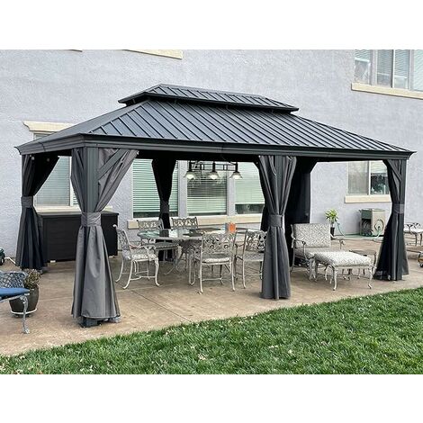 PURPLE LEAF Alu Pavillon Wasserdicht Stabil Winterfest Wetterfest Garten pavillon 3.65 m x 5.5 m Großer Rechteckig mit 4 Doppel Seitenteile Hardtop Pavillon mit Stahldach, Grau