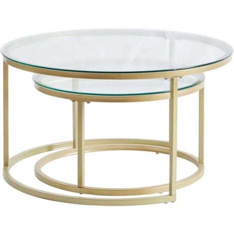 Wokaka Table basse scandinave table gigogne table d'appoint 2 pièces avec surface en verre et pieds en métal, ronde(Φ6040cm)