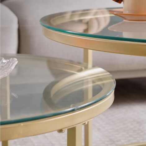 Wokaka Table basse scandinave table gigogne table d'appoint 2 pièces avec surface en verre et pieds en métal, ronde