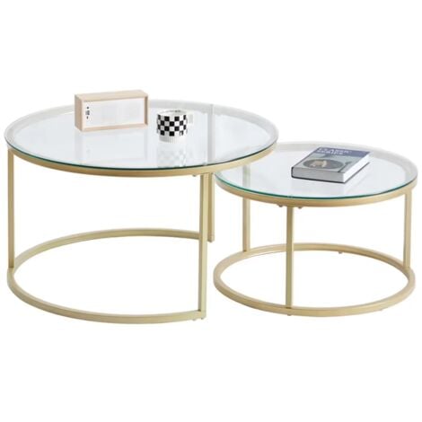 Wokaka Table basse scandinave table gigogne table d'appoint 2 pièces avec surface en verre et pieds en métal, ronde