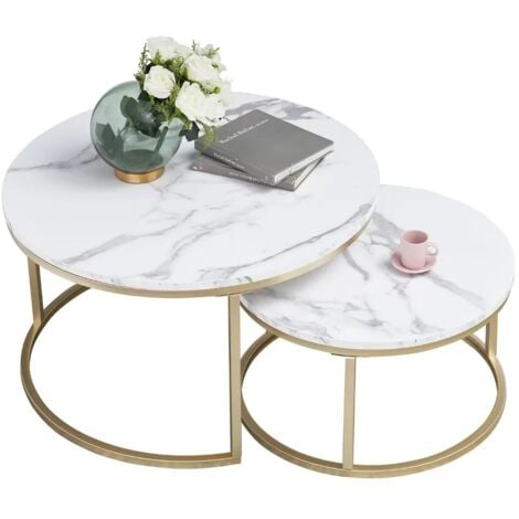 Wokaka Table Basse Ronde Table Gigogne 2 Pièces Table d'Appoint, Bois Marbré et Pieds en Métal