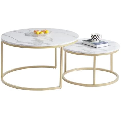 Wokaka Table Basse Ronde Table Gigogne 2 Pièces Table d'Appoint, Bois Marbré et Pieds en Métal