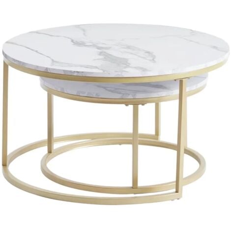 Wokaka Table Basse Ronde Table Gigogne 2 Pièces Table d'Appoint, Bois Marbré et Pieds en Métal