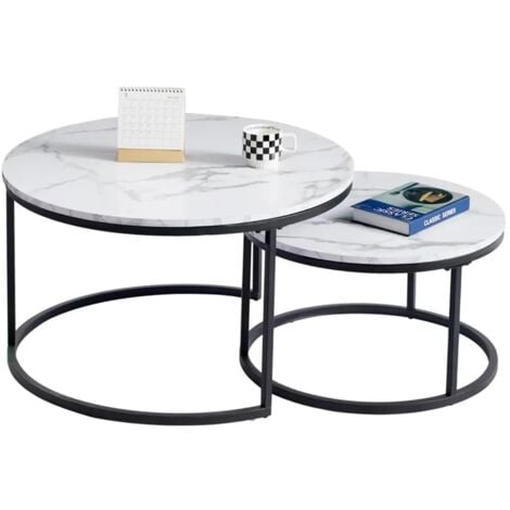 Wokaka Table Basse Scandinave Table d'Appoint Gigogne Ensemble de 2, Surface en Bois Massif Marbré et Pieds en MétalΦ60cmΦ40cm