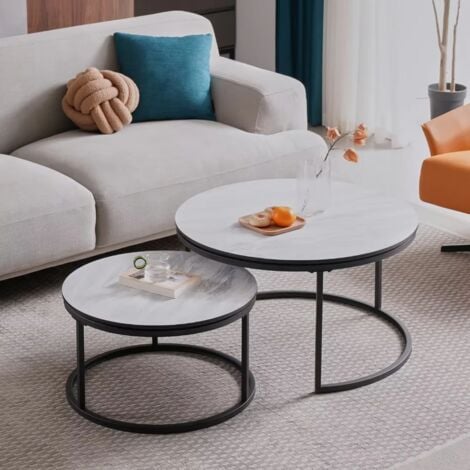 Wokaka Table Basse Scandinave Table d'Appoint Gigogne Ensemble de 2, Surface en Bois Massif Marbré et Pieds en MétalΦ60cmΦ40cm