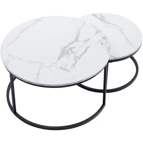 Wokaka Table Basse Scandinave Table d'Appoint Gigogne Ensemble de 2, Surface en Bois Massif Marbré et Pieds en MétalΦ60cmΦ40cm