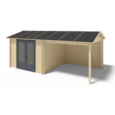 Altanka – Abri de jardin bois 17,4 m² – Dimensions 5,79x3m – Épaisseur 28mm – Toit à deux pentes – Porte double battante en aluminium vitrée