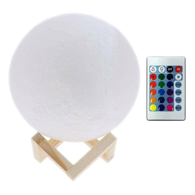 1W 3D Print Moon Lampe USB de charge Touch Control 7-couleur changeant LED  Lumière de nuit économie d'énergie avec support en bois Base, Diamètre: 8cm