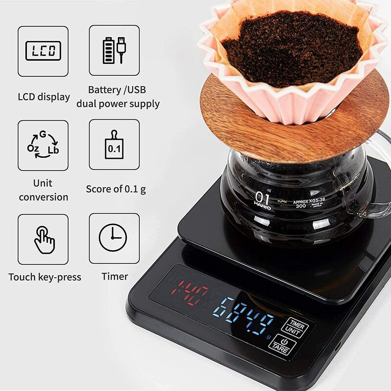 Balance à café numérique avec minuterie, haute précision de 3 kg à 0,1 g,  avec écran LCD rétro-éclairé