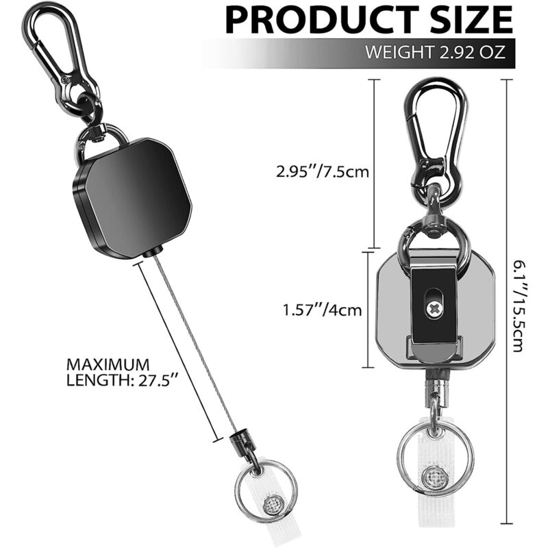 Porte-clés rétractable Porte-badge robuste avec clip de ceinture Cordon en  fil d'acier de 23 po Porte-clés mousqueton robuste porte-clés rétractable