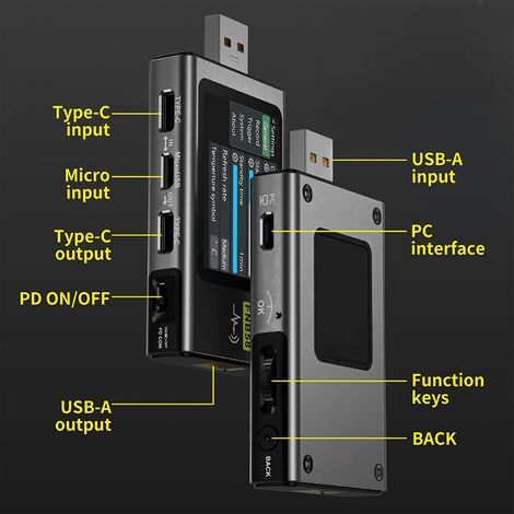 Testeur USB C, 2 en 1 Type C Testeur USB Écran couleur IPS Multimètre  numérique, tension, courant, puissance, tem