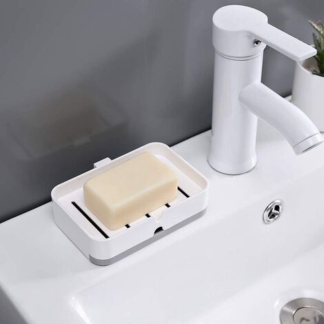Lot de 2 porte-savon adhésif avec bac de vidange barre de douche blanche  porte-savon mural salle de bain suspendu porte-savon pour douche salle de