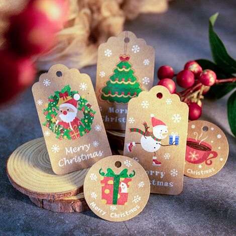 Kraft Papier De Noël Étiquettes De Cadeau,100Pièces Etiquette Cadeau  Noel,Étiquettes Noel pour Arbre de Noel Présent Décoration et A