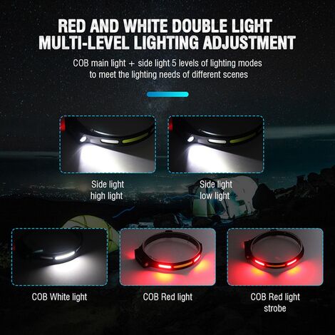 Cob Led Blanc + rouge Lumière 5 Modes d'éclairage Phare Capteur
