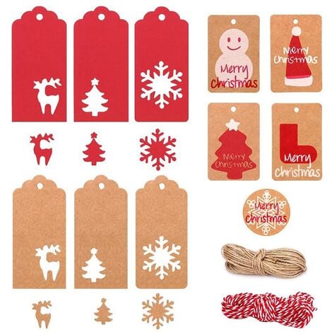 Étiquette adhésive motifs de Noël blancs, étiquette cadeaux kraft brun