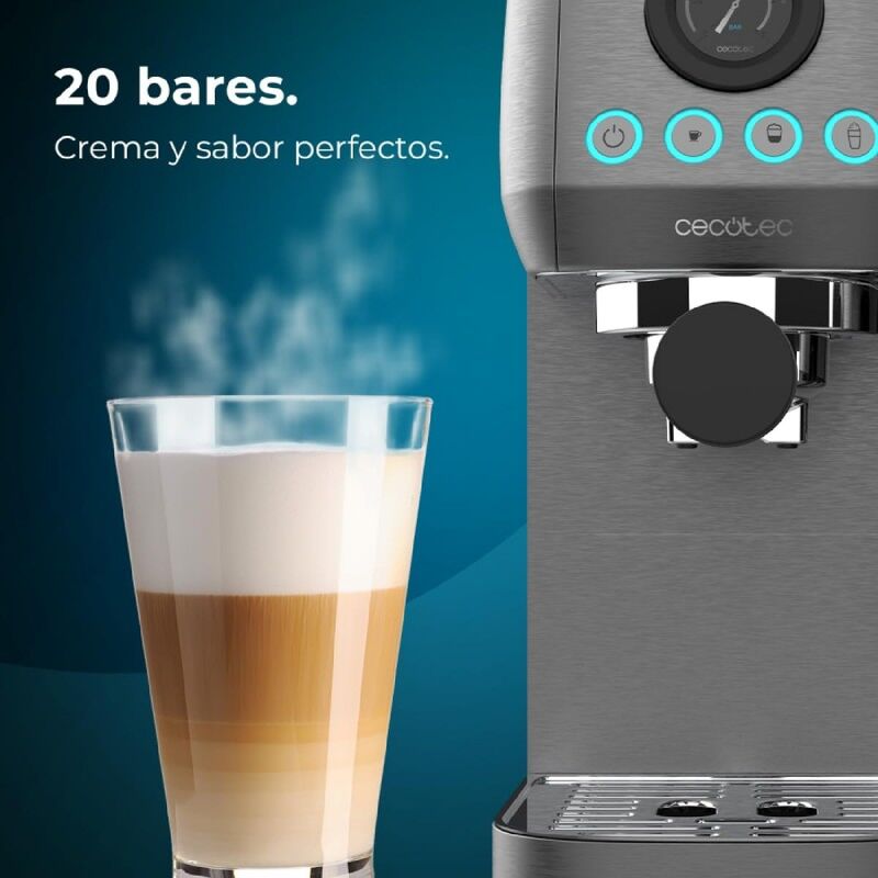 Cecotec Cafetera Semiautomática Power Espresso 20 Steel Pro Latte. 1350 W,  Thermoblock, ForceAroma de 20bars, depósito Full-Milk, Instant Capuccino,  Bandeja Calienta Tazas, Brazo Doble