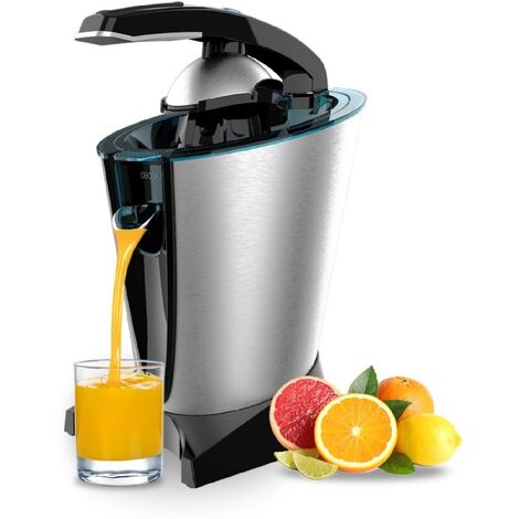 Exprimidor eléctrico de brazo de inox para naranjas y cítricos con 600 W de potencia, filtro de acero inoxidable y dos conos desmontables de plástico de diferente tamaño.