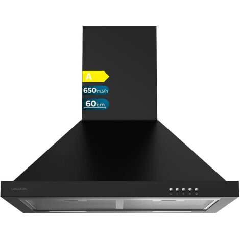 Cecotec Campana Extractora 60 cm Piramidal Bolero Flux PM 606500 Black A. Motor 165W, Acabado Inox, Succión 650m3/h, Control Mecánico, 3 Niveles de Potencia, Luz y Filtro de Carbono
