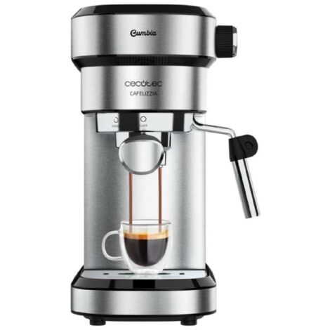 Cecotec Cafetera Express con Doble Salida Cafelizzia Steel. 1350W Brazo Portafiltro con Dos filtros Vaporizador Orientable 20 Bares de Presión