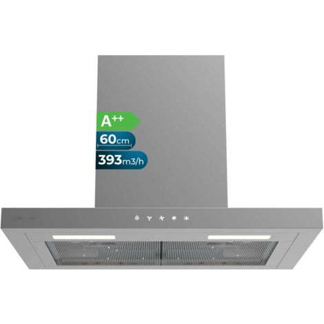 Cecotec campana extractora "t" bolero flux tt 604000 inox a++ de 60cm de ancho, con 393m3/h de succión, 3 velocidades, ss touch control, acabado inoxidable, clase energética a++, motor dc, luz led.