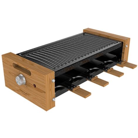 Cecotec Raclette de madera Cheese&Grill 8200 Wood Black. 1200 W, Superficie Grill, 8 Sartenes individuales, Placa antiadherente, Termostato regulable, Diseño extraíble