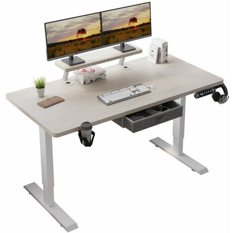 140x76cm Bureau Assis Debout Électrique, Bureau De 55 Pouces Avec Tiroirs Et Commande Manuelle De 4 Claviers Avec Fonction De Mémoire Automatique, Chêne
