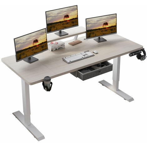 160x76cm Bureau Assis Debout Électrique, Bureau De 62 Pouces Avec Tiroirs Et Commande Manuelle De 4 Claviers Avec Fonction De Mémoire Automatique, Chêne