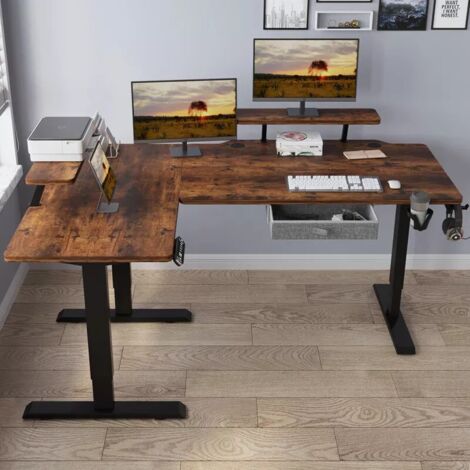 Bureau Assis-Debout Électrique Réglable en Hauteur en Forme de L de 160x70 cm,Et Commande De 4 Claviers Avec Fonction De Mémoire Automatique, Marron/Noir