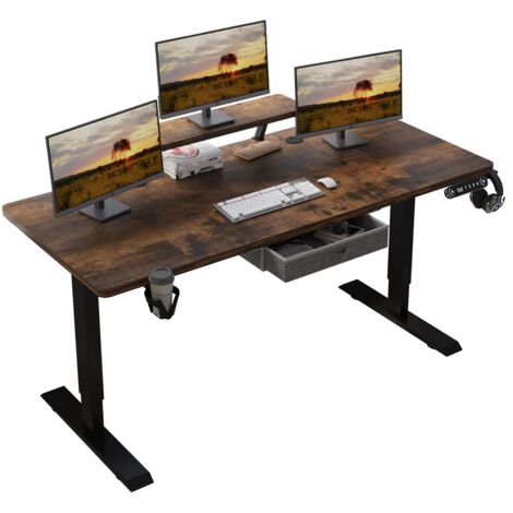 160x76cm Bureau Assis Debout Électrique, Bureau De 62 Pouces Avec Tiroirs Et Commande Manuelle De 4 Claviers Avec Fonction De Mémoire Automatique, Brun